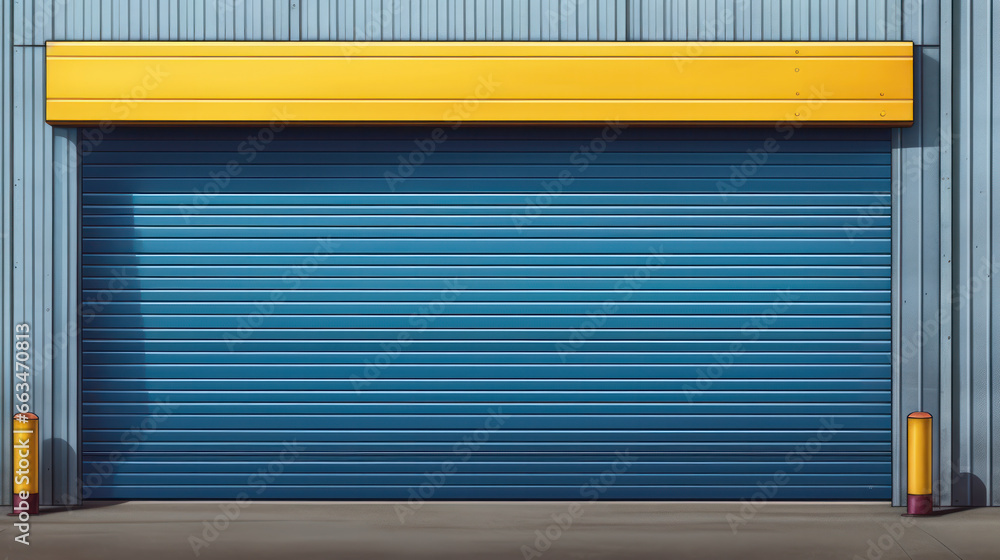 Closeup shot of blue automatic metal roller door used in factory, storage, garage, and industrial warehouse. The corrugated and foldable metal sheet offer space saving and provide urban and rustic Closeup shot of blue automatic metal roller door used in factory, storage, garage, and industrial warehouse. The corrugated and foldable metal sheet offer space saving and provide urban and rustic