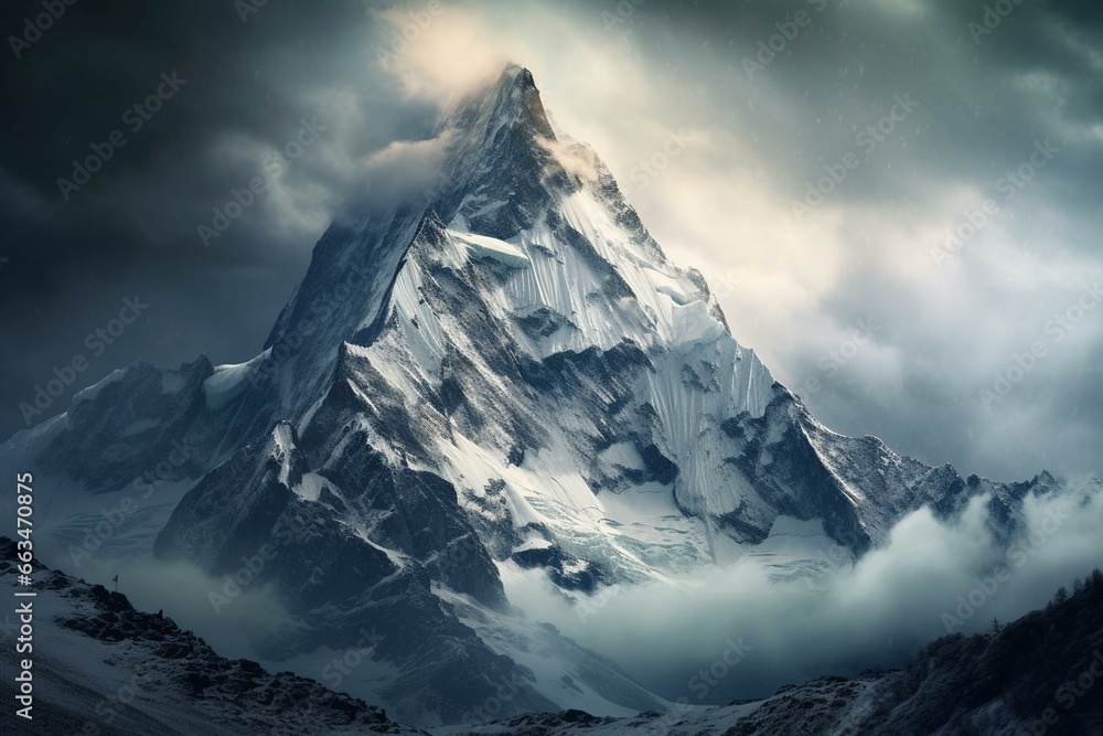 A towering snowy peak under a dark and cloudy sky with clouds above it. Generative AI