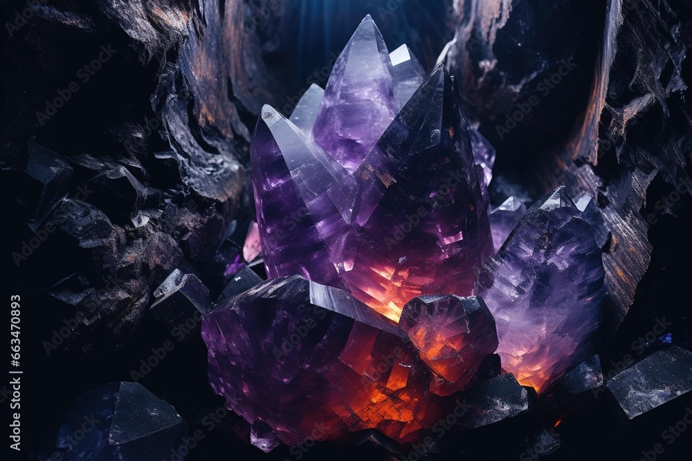 Close-up of crystal geode illuminating a dark cave - obrazy, fototapety, plakaty 