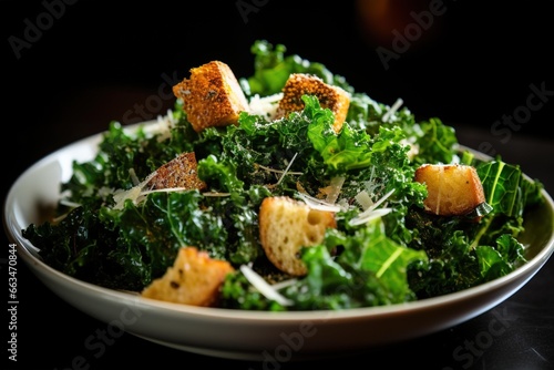 Close-up of a kale Caesar salad with croutons, under soft lighting