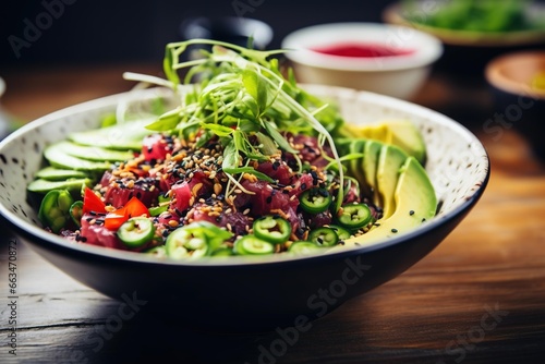 Close-up of a poke salad bowl with avocado and raw tuna