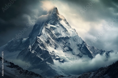 A towering snowy peak under a dark and cloudy sky with clouds above it. Generative AI © Jahzara