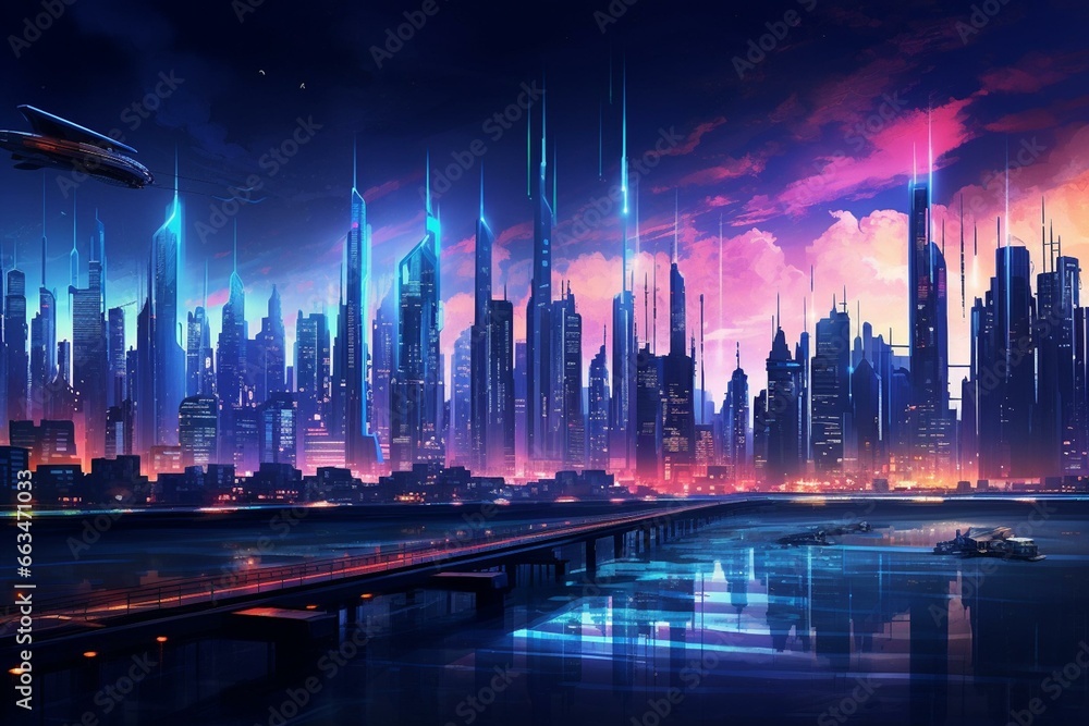 Cityscape with futuristic neon lights. Generative AI