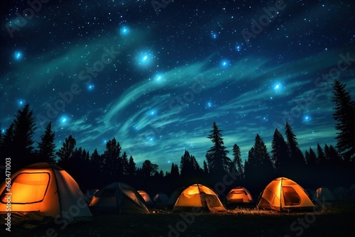 Camping tents glowing under a night sky filled with meteors