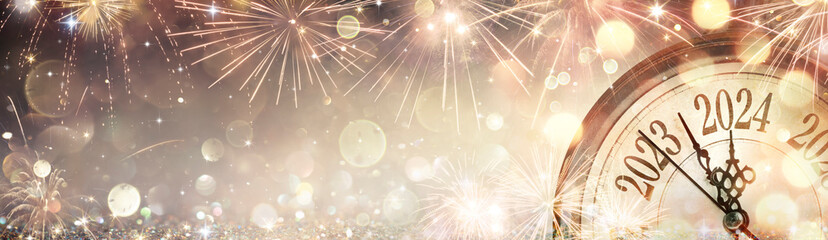 2024 Happy New Year - Clock And Fireworks Waiting Midnight - Abstract Defocused Background