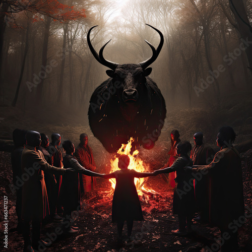 cult of bull with body of Venus a circle of diverse people holding hands around a bonfire in a forest clearing beautiful textures 
