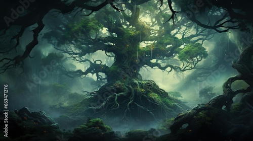 Wallpaper Mural  a painting of a tree in the middle of a forest.  generative ai Torontodigital.ca