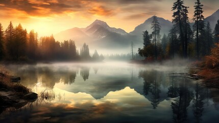 Crédence de cuisine   a painting of a lake surrounded by trees and mountains at sunset.  generative ai  © Anna