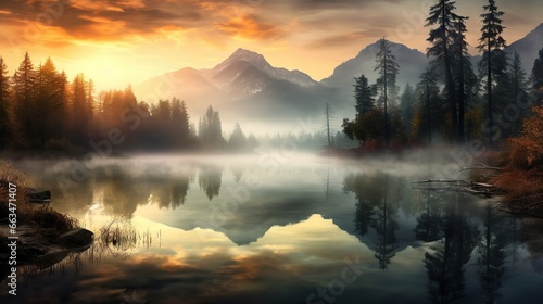  a painting of a lake surrounded by trees and mountains at sunset. generative ai
