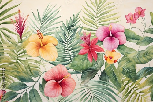 Hand-painted watercolor tropical flora on textured canvas as wallpaper © Dan