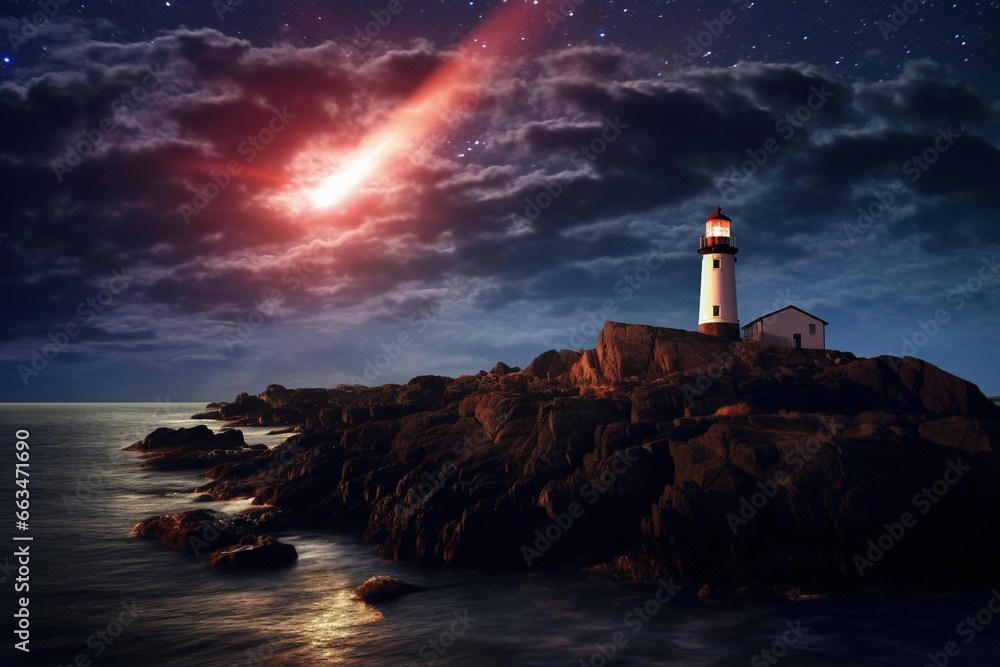 Meteor shower captured over an isolated lighthouse Meteor shower captured over an isolated lighthouse
