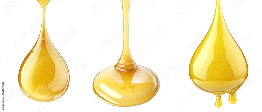 Set of drops of oil or honey, viscous fluid or syrup, isolated on a transparent background. PNG cutout or clipping path. - obrazy, fototapety, plakaty 