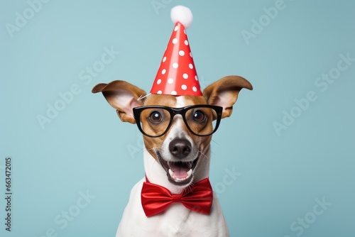 A dog wearing a party hat and glasses © pham