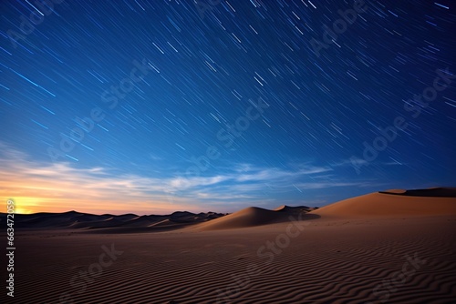 Sand dunes under a starry night sky with meteor streaks