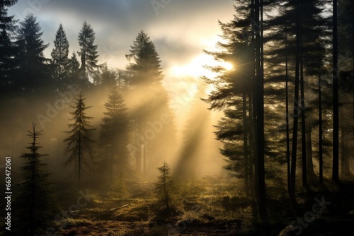 Sunlight filtering through dense fog over a pine forest