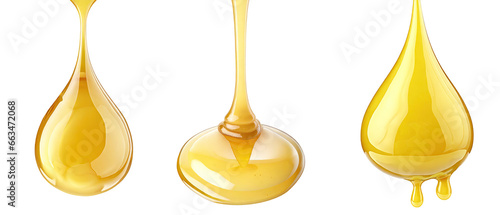 Foto Set of drops of oil or honey, viscous fluid or syrup, isolated on a transparent background