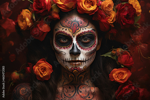 attractive young woman with sugar skull makeup Hispanic children celebrating Dia de los Muertos dia de los muertos of calavera catrina