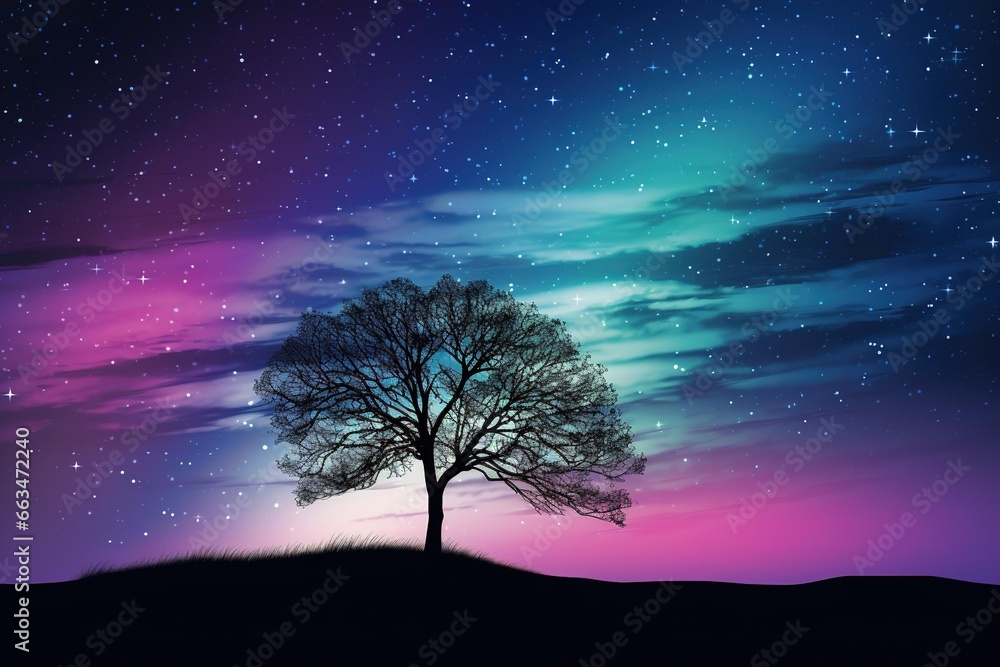 Silhouette of a solitary tree against a backdrop of the Northern Lights