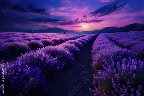 Twilight glow illuminating a field of lavender
