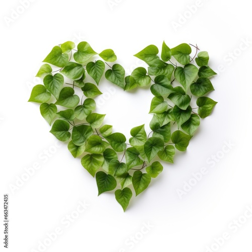 A heart-shaped arrangement of green leaves on a clean white background