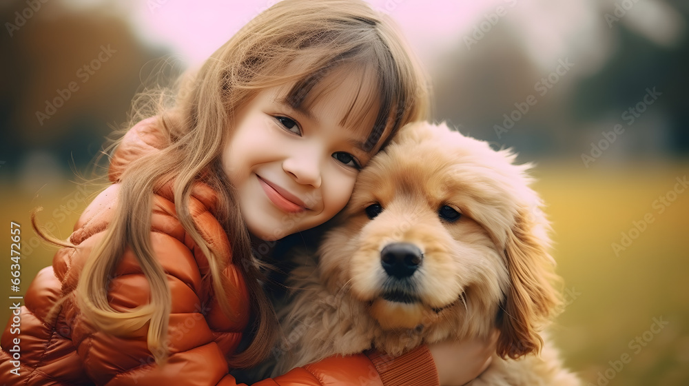 Happy girl smiling hugging dog Happy girl smiling hugging dog