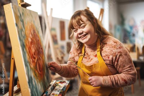 Young attractive woman artist with down syndrome painting. Social inclusion and integration photo