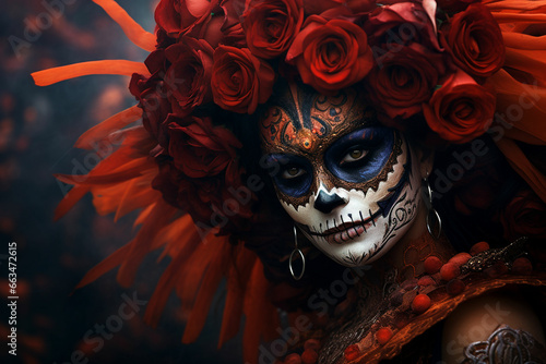 attractive young woman with sugar skull makeup Hispanic children celebrating Dia de los Muertos dia de los muertos of calavera catrina
