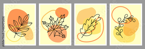 Abstract autumn posters. Modern minimalistic organic shapes with autumn leaves, graphic vector illustration © _AsAnia_
