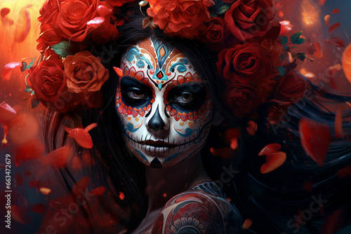 attractive young woman with sugar skull makeup Hispanic children celebrating Dia de los Muertos dia de los muertos of calavera catrina