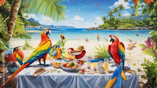  a painting of parrots eating at a table on a tropical beach.  generative ai