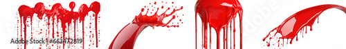 Collection of red paint splashes with drops, splash or spray. Ink, ketchup, blood or oil droplets, red and reflective. Top and sideview ketchup.
