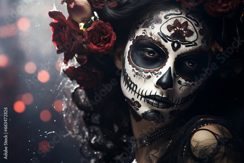 attractive young woman with sugar skull makeup Hispanic children celebrating Dia de los Muertos dia de los muertos of calavera catrina