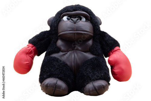 Stuffed gorilla boxer with angry face and red boxing gloves on a transparent background. Boxing and fighting concept