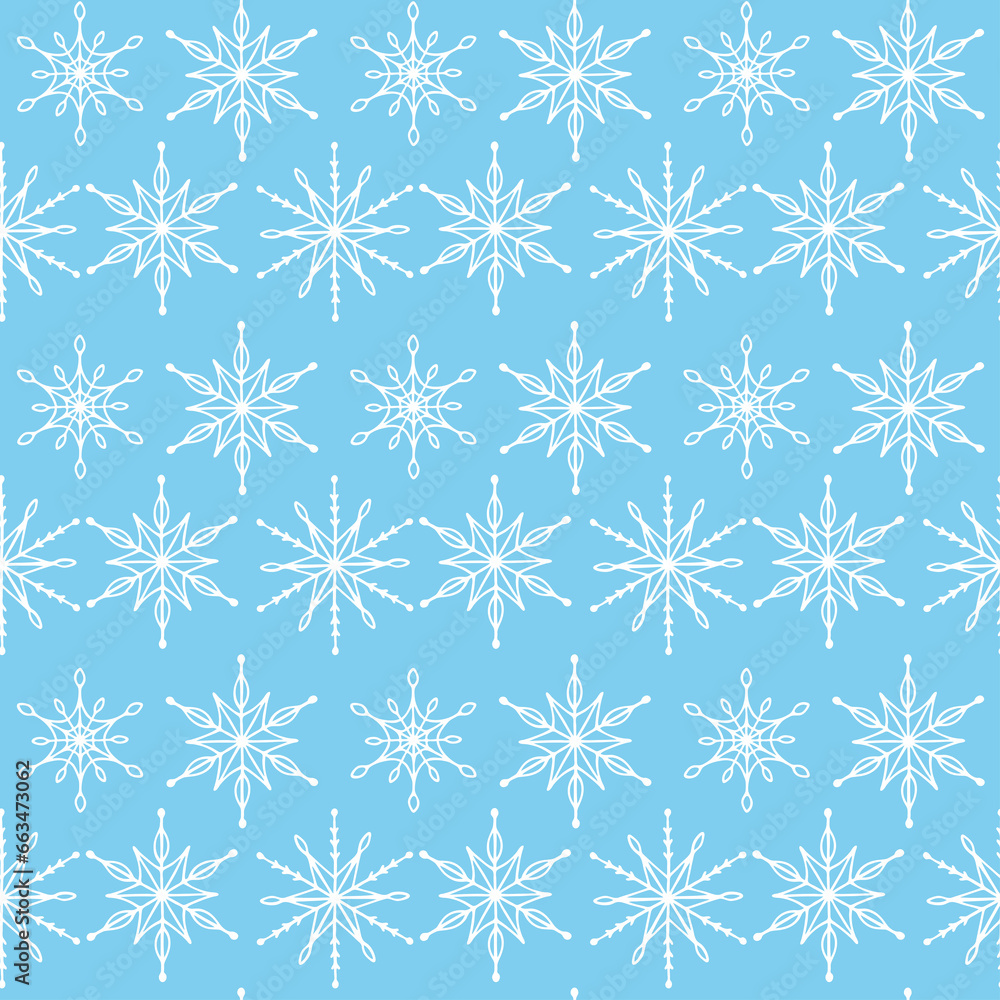 Winter seamless pattern. White doodle snowflakes on blue background. Pattern for textile, fabric, card, wrapping paper, invitation, wallpaper, etc. Vector illustration Winter seamless pattern. White doodle snowflakes on blue background. Pattern for textile, fabric, card, wrapping paper, invitation, wallpaper, etc. Vector illustration