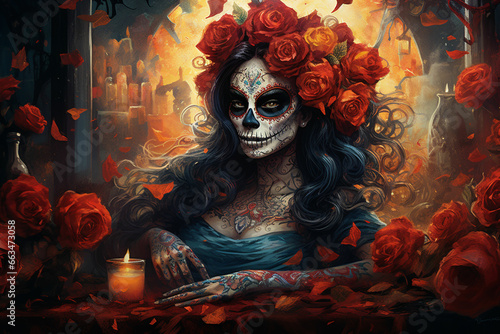 attractive young woman with sugar skull makeup Hispanic children celebrating Dia de los Muertos dia de los muertos of calavera catrina