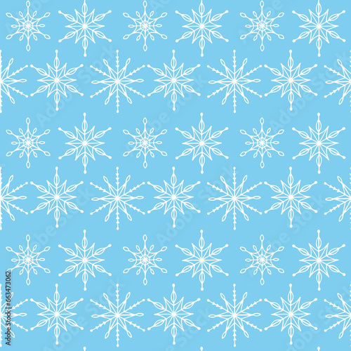 Winter seamless pattern. White doodle snowflakes on blue background. Pattern for textile  fabric  card  wrapping paper  invitation  wallpaper  etc. Vector illustration