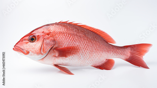 Red snapper fish, known for its vibrant color and distinctive shape, set against a clean, white background