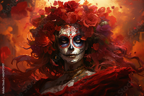 attractive young woman with sugar skull makeup Hispanic children celebrating Dia de los Muertos dia de los muertos of calavera catrina