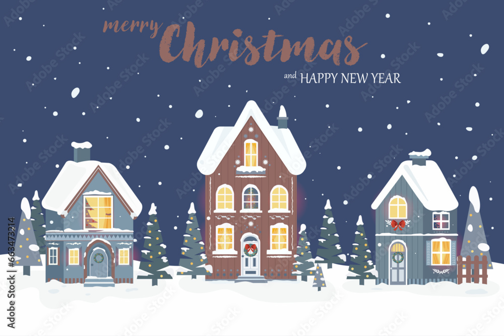 Naklejka premium Christmas card. Cozy winter houses in Scandinavian style. Editable vector illustration for Christmas invitation, card and website banner. Scandinavian architecture