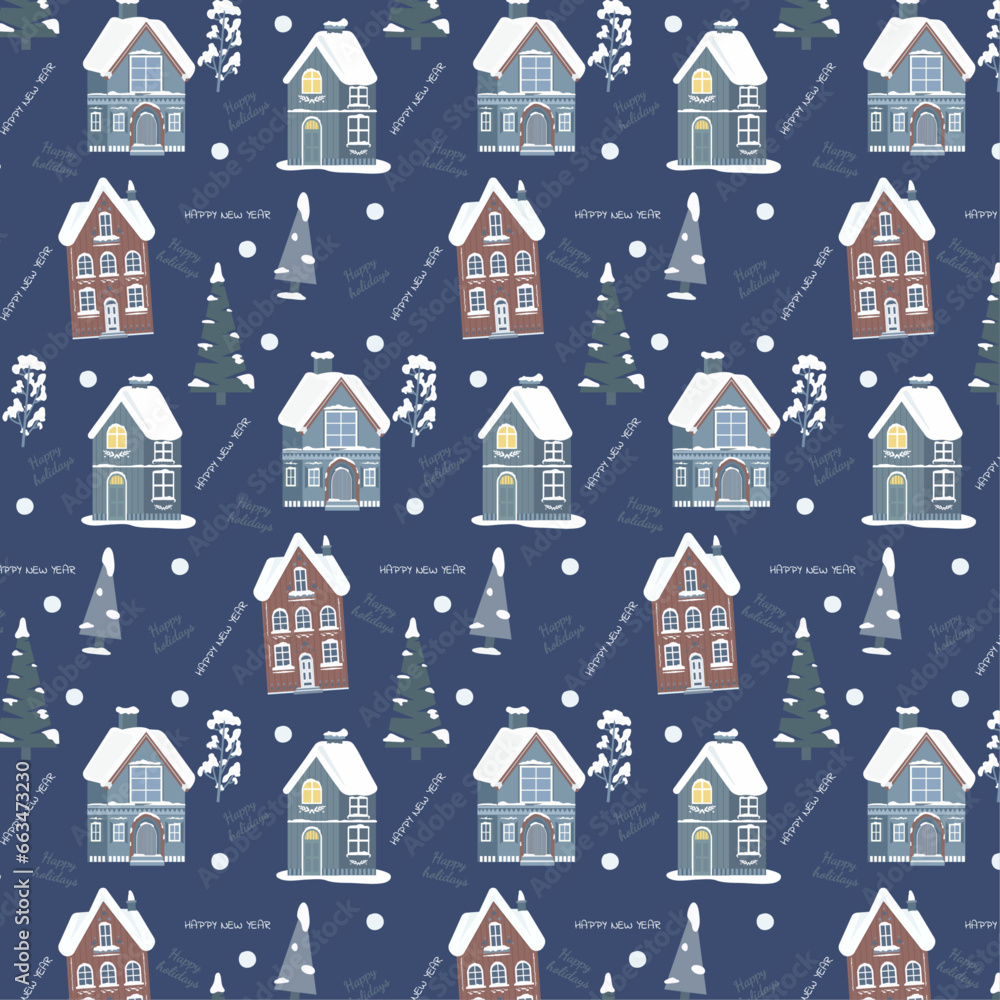 Background seamless pattern with Scandinavian houses. Christmas pattern. Scandinavian style.