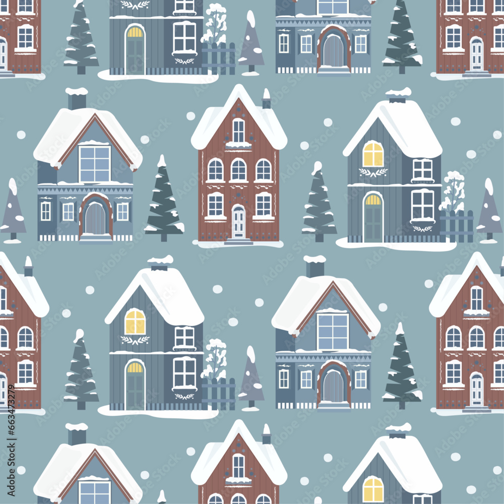 Background seamless pattern with winter houses. Christmas pattern.