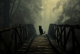 A black cat crossing a wooden bridge in a misty forest