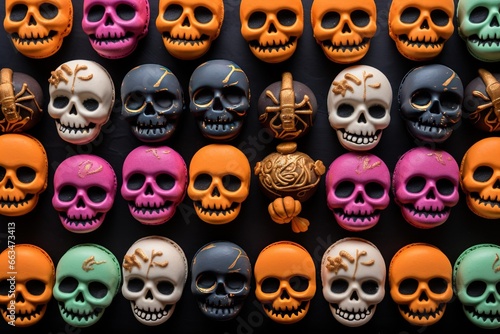 An array of colorful Halloween macarons shaped like skulls and pumpkins