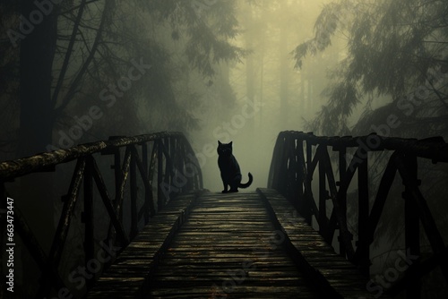 A black cat crossing a wooden bridge in a misty forest