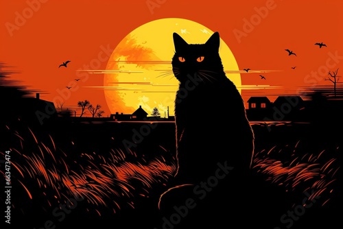 A black cat silhouette against an orange harvest moon