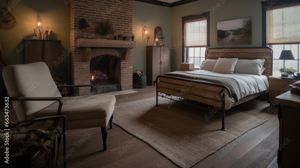 Bedroom decor, home interior design . Rustic Farmhouse style with Fireplace decorated with Wood and Metal material . Generative AI AIG26.