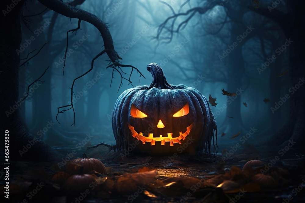 Fototapeta premium A glowing jack-o'-lantern in a dark forest with fog