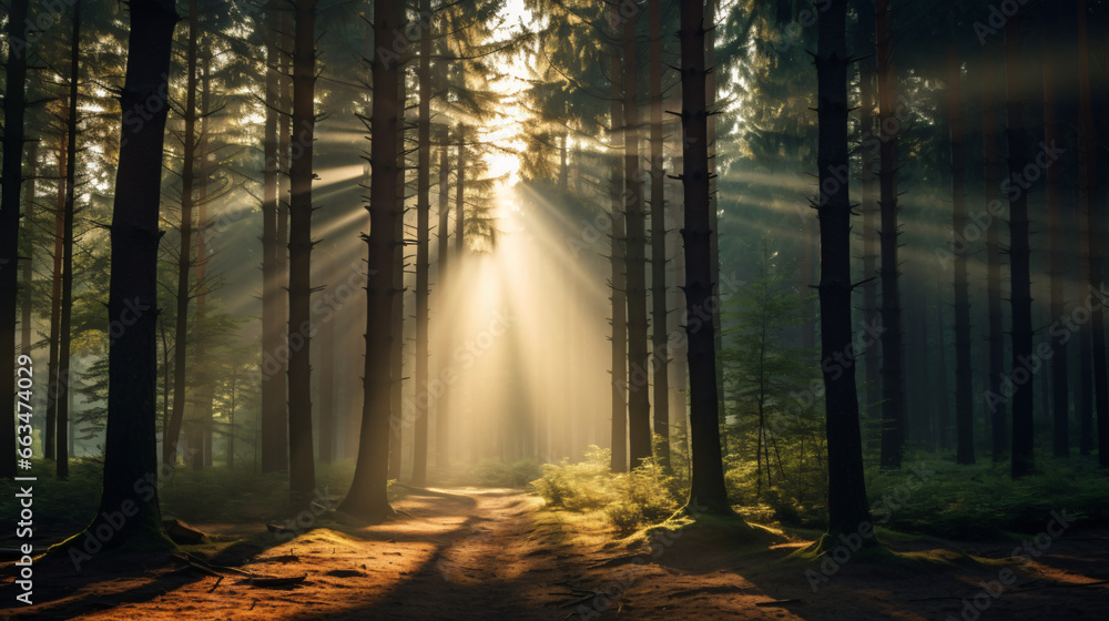 Fototapeta premium A peaceful forest clearing with sunbeams shining through