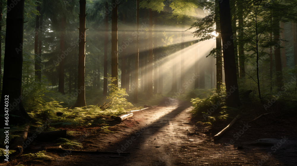 Fototapeta premium A peaceful forest clearing with sunbeams shining through