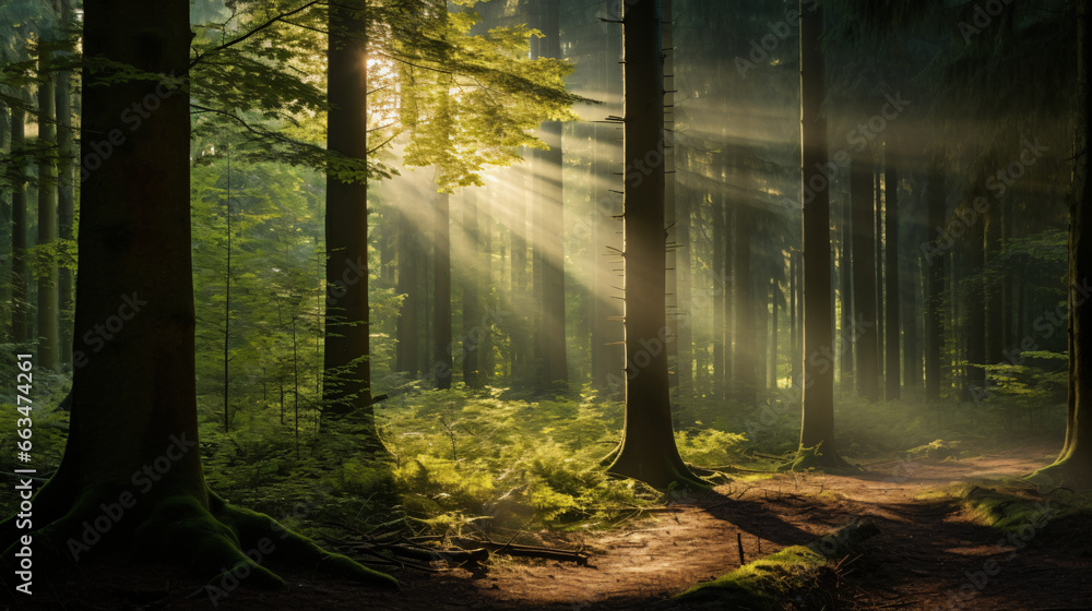 A peaceful forest clearing with sunbeams shining through